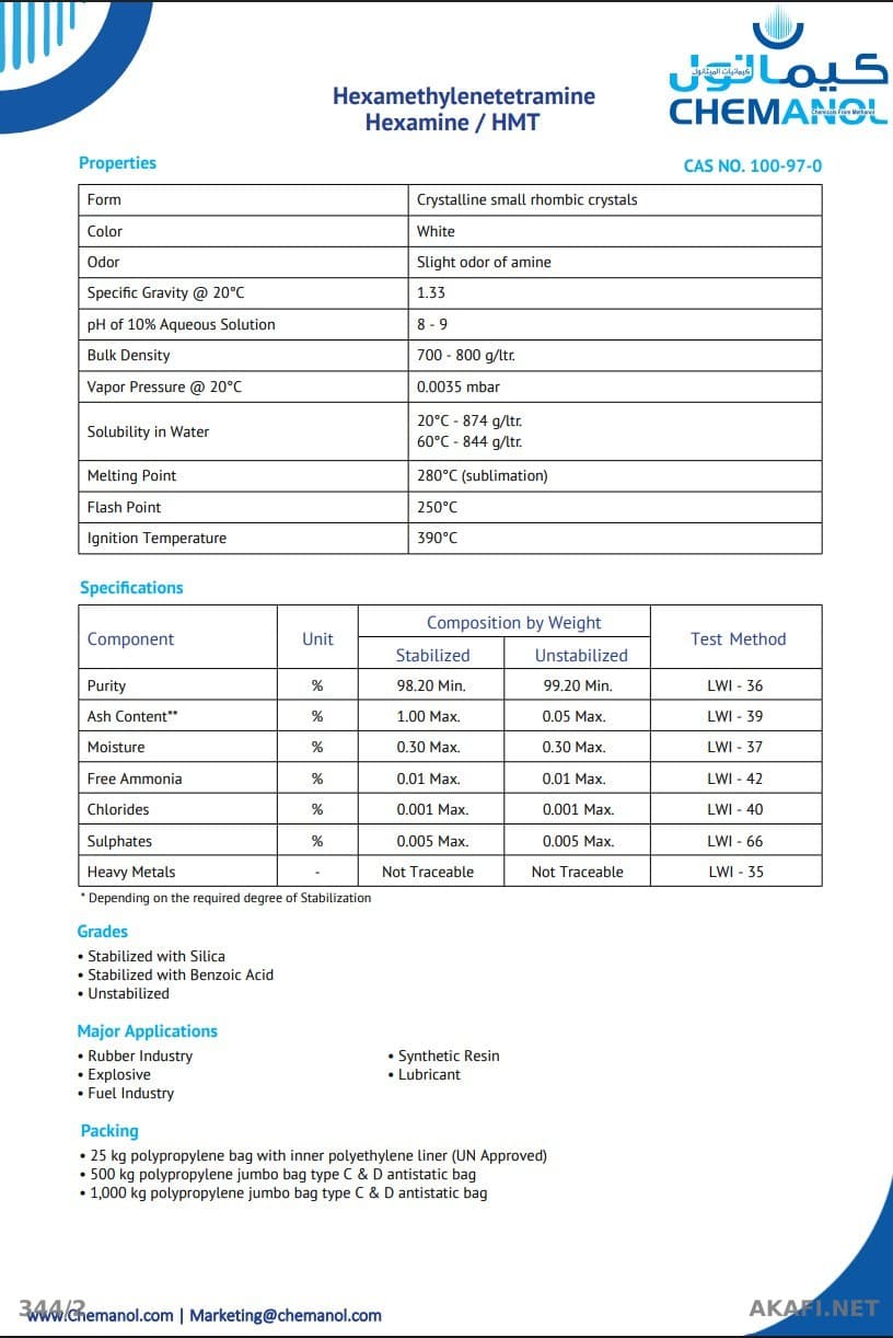 For Sale: Hexamine (HMTA) — Kemanol Saudi Arabia — 19.675 MT Available for Immediate Delivery